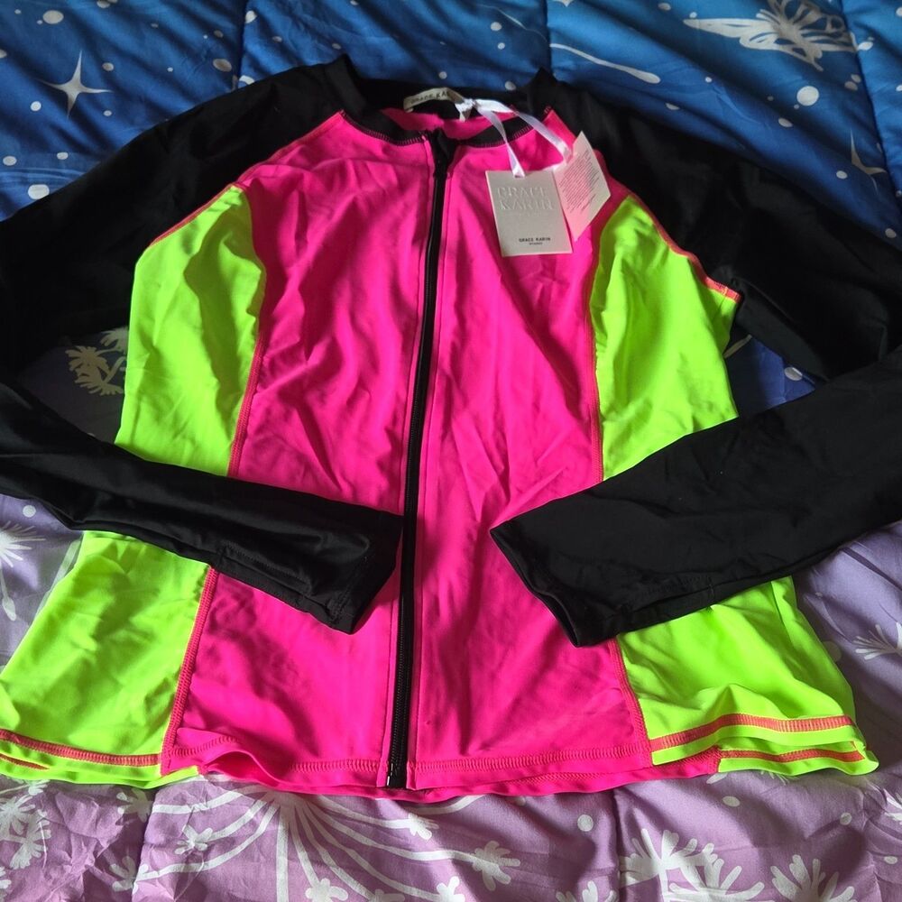 Grace Karin Neon Pink Lime Rash Guard Zip Swim Top Surfcore XL